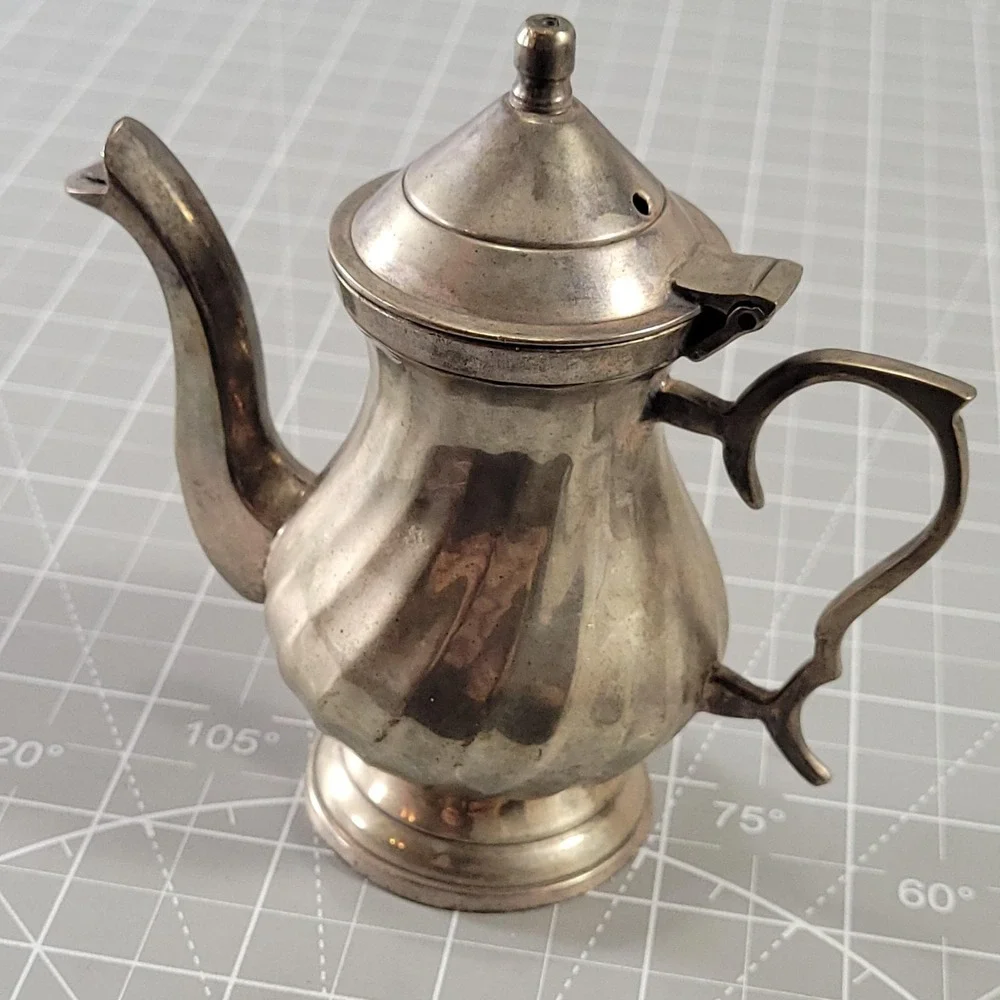 Mini Silver Brass Metal Teapot Coffee Pot Hinged Lid Victorian Style India Decor